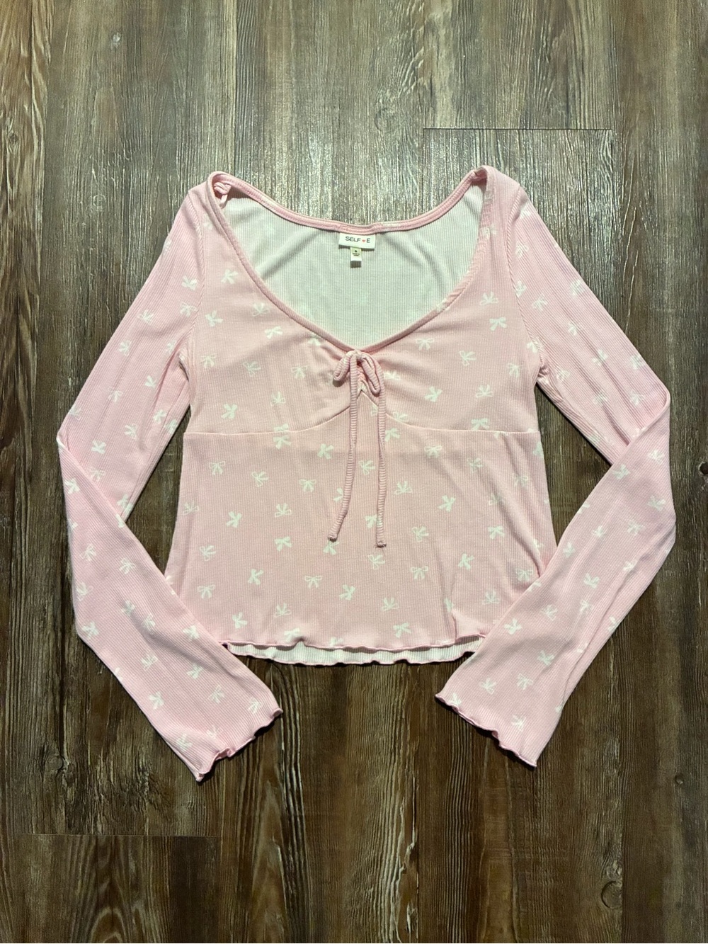 SELFIE Pink Tie Front Ribbed Long-Sleeve Top with Bow Print